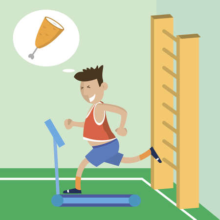 Man running on a treadmill thinking about food. The choice between sports and food. Vector illustrationのイラスト素材