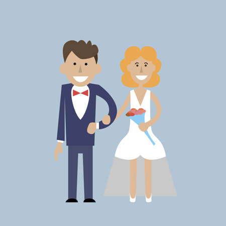 Cartoon flat vector illustration for the wedding invitation and graphic design. Bride wearing wedding dress and the groom wearing a suit. Isolated on background.の写真素材