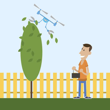 the man cuts the tree. uses for this drone. modern technology. vector illustration in flat design style.の写真素材