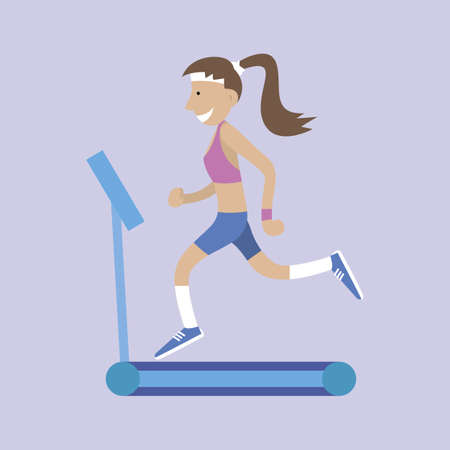 Cartoon woman running on a treadmill. vector illustration