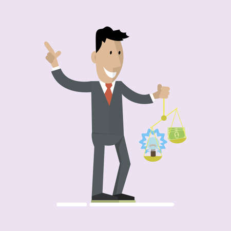 Idea bulb and money on scales illustration. Vector business concept.のイラスト素材