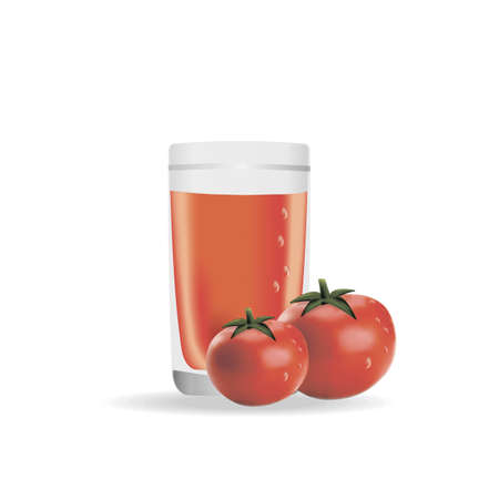 Realistic vegetable juice poster with glass of fresh beverage and ripe tomato isolated vector illustrationのイラスト素材