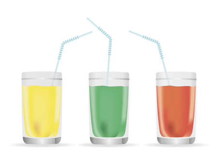 A colorful set of realistic glasses with juice and straw. Vector illustration.のイラスト素材