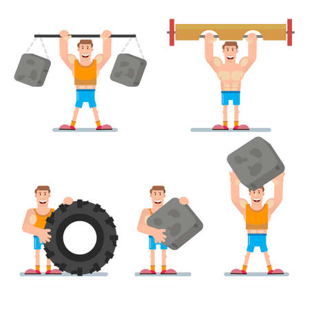An athlete is a strong male character holding a truck wheel, a large stone, a barbell. Vector illustration of a flat cartoonのイラスト素材