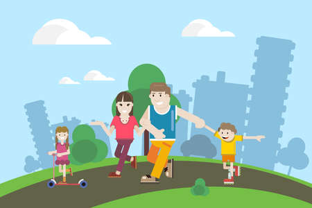 A young family walks together in the park. Parents and children are walking hand in hand. A boy on roller skates. Vector illustration in a flat style.のイラスト素材