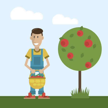 happy smiling farmer, basket with eco-friendly apples. vector clipart flat styleのイラスト素材