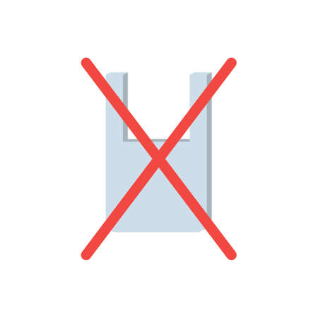 Pollution problem concept. Say no to plastic bag. Cartoon image of cellophane packet with signage calling for stop using polythene package.のイラスト素材