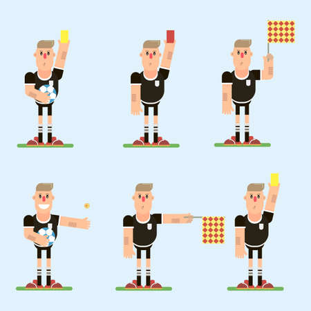 Soccer referees, football referees in actions on white background. Flat design people characters.の写真素材