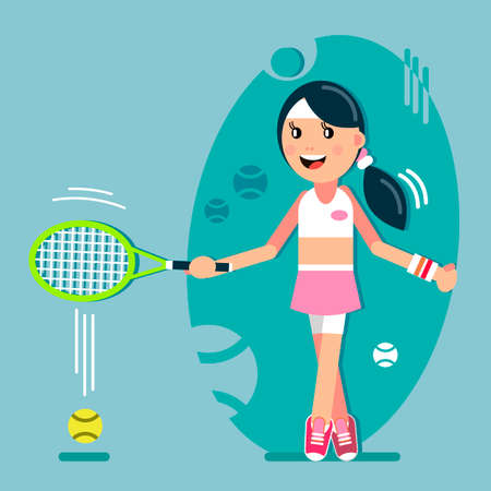 The girl plays tennis. Racket hit the ball, vector illustration in flat style.の写真素材