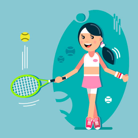 The girl hits the ball with a tennis racket. Vector illustration in flat style.のイラスト素材