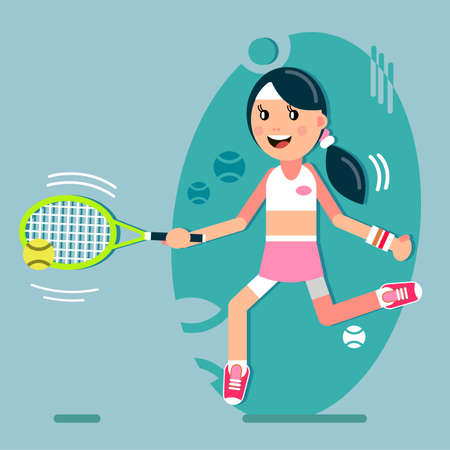 A girl plays tennis. Beats the ball with a racket. Vector illustration in flat style.の写真素材