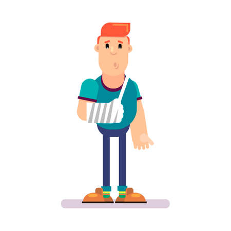 Cartoon character man with bandaged hand at the reception at the doctor. Unsuccessful fall to the ground. Vector illustration in flat style.のイラスト素材