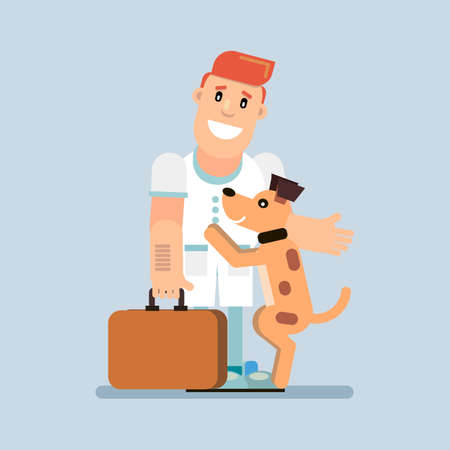 A joyful dog meets the doctor. Veterinary Medicine Vector illustration in flat style.のイラスト素材