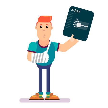 Cartoon character man with a bandage on his hand and x-ray. The patient at the reception at the doctor. Medical concept. Vector illustration in flat style.のイラスト素材