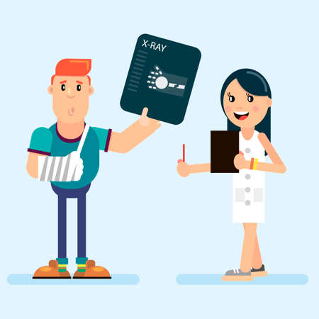 Patient with a broken arm at the doctor s office vector illustration in flat style.のイラスト素材