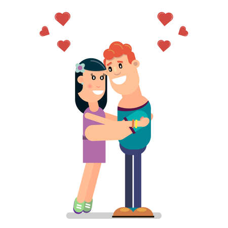 Valentine s Day. A young girl in love and a guy hugging. Vector illustration in flat style.のイラスト素材