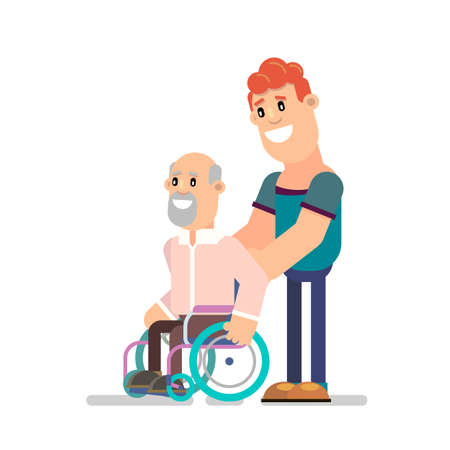 Young man social worker on a walk with his grandfather in a wheelchair. Vector illustration in flat style.のイラスト素材