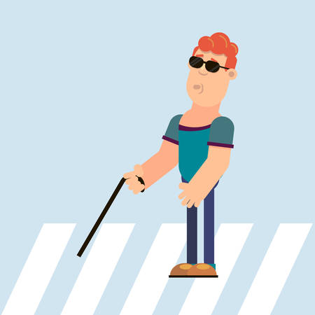 A blind man holds in his hand a cane passes through a pedestrian crossing. Vector illustration in flat style.のイラスト素材