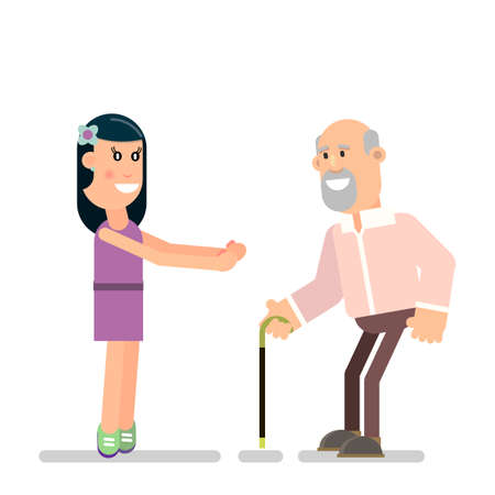 Young girl meets old father. A happy family. Vector illustration in flat style.のイラスト素材