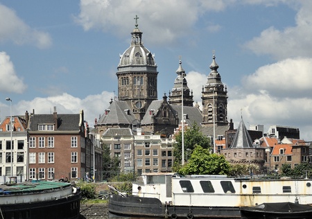 Old ships against old Amsterdamの写真素材