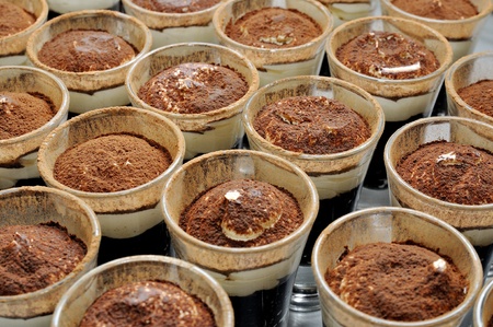Glasses filled with chocolate and vanilla mousseの写真素材