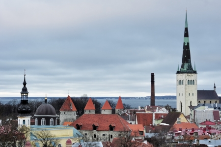 Top view on old city in Tallinn Estoniaの写真素材