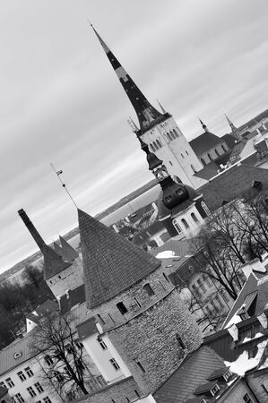 Black and white top view on old city in Tallinn Estoniaの写真素材