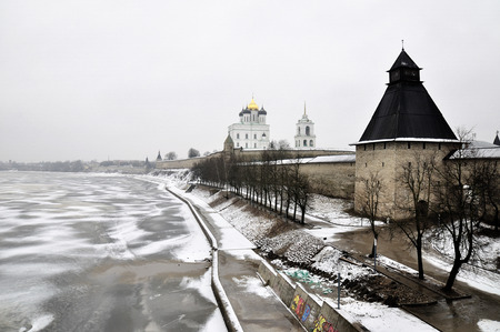 River view on Pskov Kremlin, Krom in winter timeの写真素材
