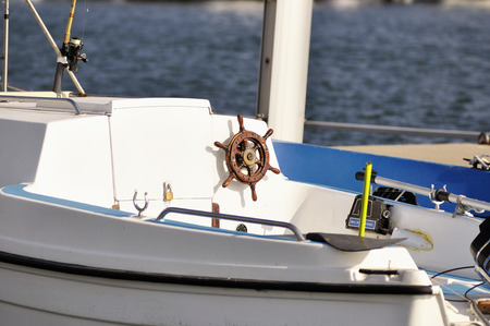 Closeup of steering wheel in a luxury yachtの写真素材
