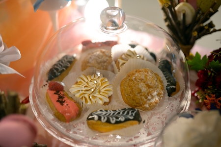 Table served sweet dessert and fruits