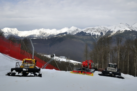 Ratraks, grooming machines, special snow vehicles in ski resort.