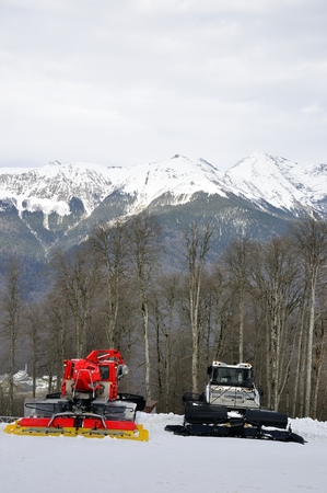 Two ratrack on skiing slopeの写真素材