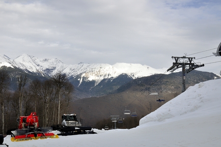 Two ratrack on skiing slopeの写真素材