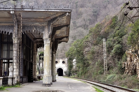 Old railway station in Psyrdzkha, New Athos, Abkhaziaの写真素材