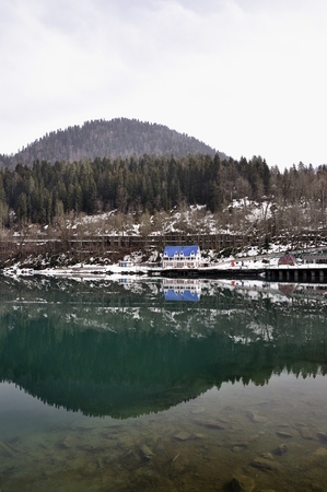 House on mountain lake of Rica (Ritsa) in Abkhaziaの写真素材