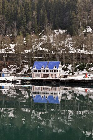 House on mountain lake of Rica (Ritsa) in Abkhaziaの写真素材