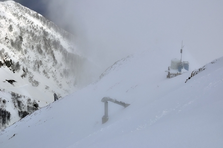 Oxygen station on snow mountainの写真素材