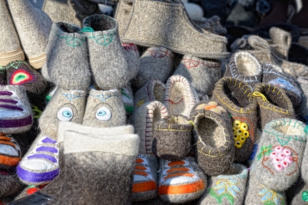 Sale of valenoks at a fairの写真素材