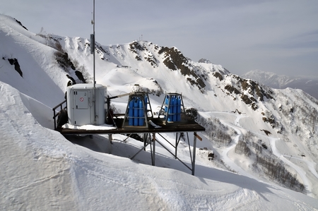 Oxygen station on snow mountainの写真素材