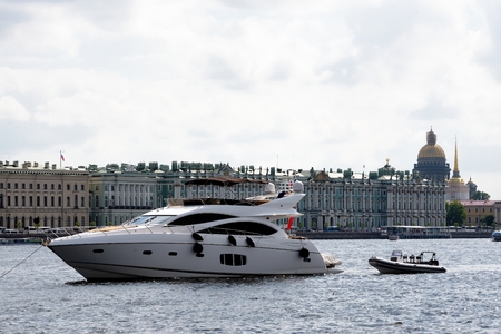Modern boat moored in Neva River, Saint - Petersburg, Russiaの写真素材