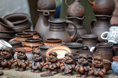 Handmade clay pots at fairの写真素材