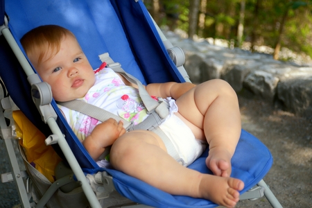 Baby in sitting stroller on natureの写真素材