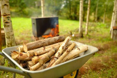 Firewood lies in a wheelbarrow, ready for a fireの写真素材