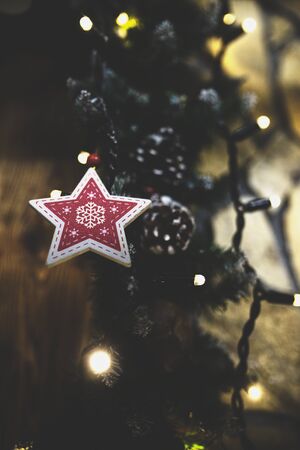 Vintage decorated Christmas tree fairy backgroundの写真素材