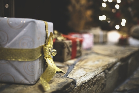 Christmas present box in vintage styleの写真素材