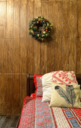 Bed in Christmas and New Year interiorの写真素材