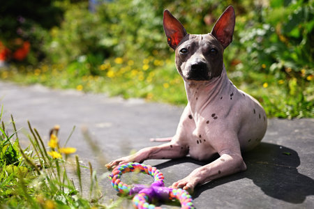 Portrait of american hairless terrier Portrait in the park with a toyの写真素材