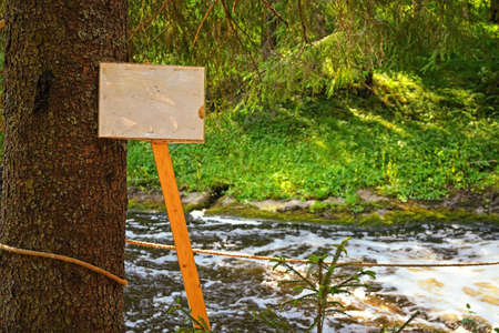 Sign for inscription in forest on background of riverの写真素材