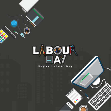 Vector illustration of happy Labour Day with stylish text and black background. Vector illustration....
