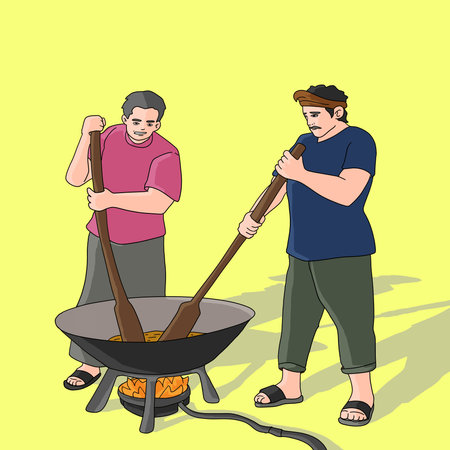 Two men are preparing food on a large pan. illustration in cartoon style.の写真素材